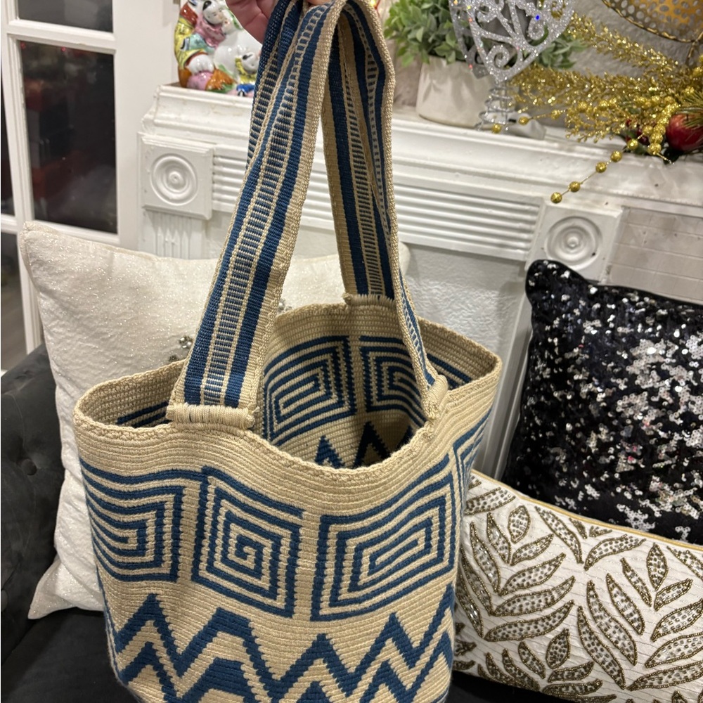 Handwoven Blue and Cream Tote Bag